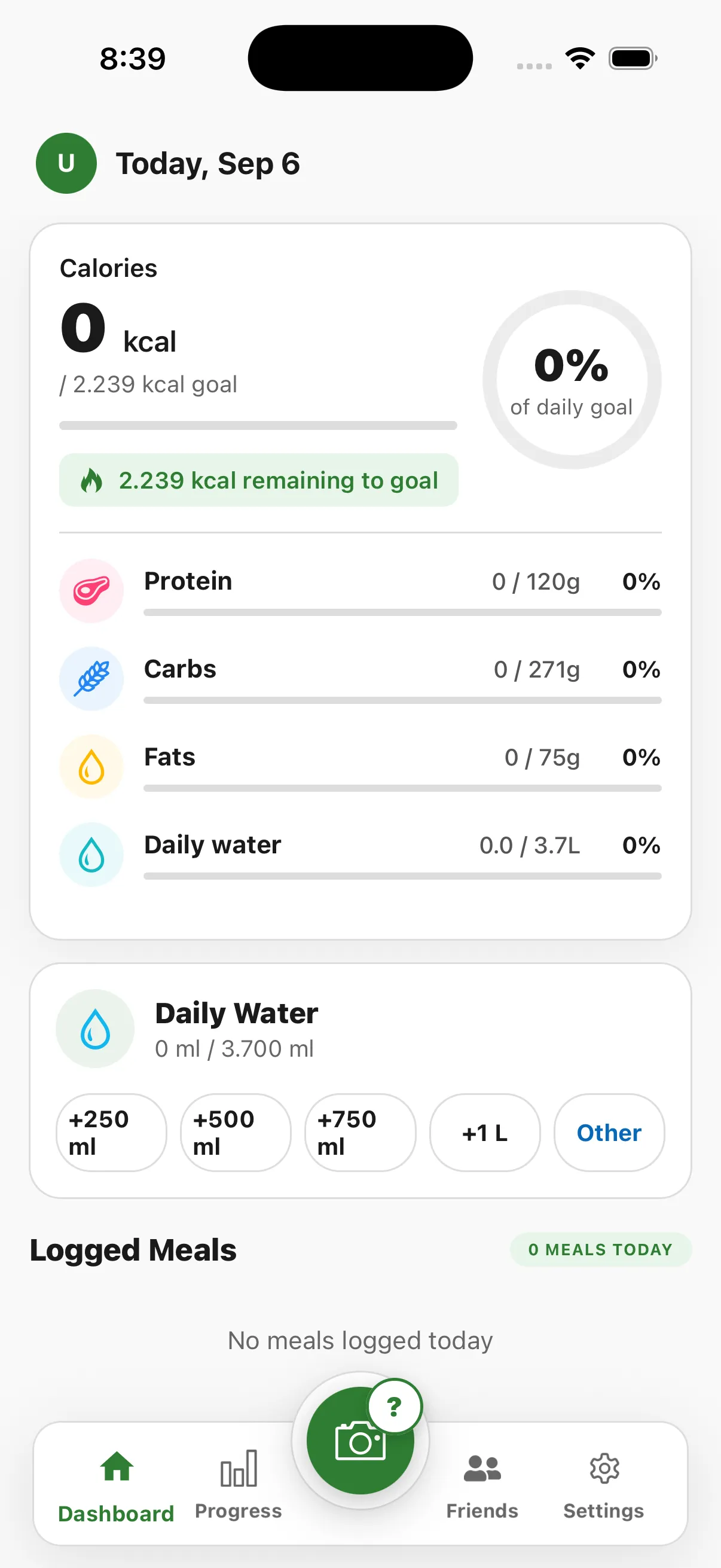ScanMacros daily dashboard with calories, macronutrients and water